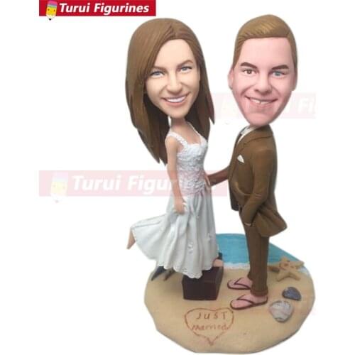 Personalized Beach Wedding Cake Topper Custom Bobble Head Clay Figurine Based on Customers' Photo Using As Wedding Cake Topper W