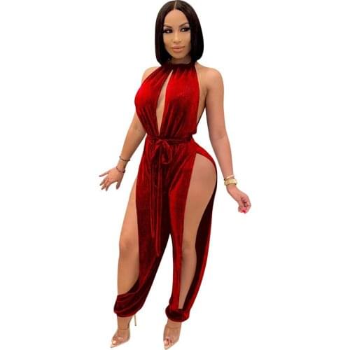 Sexy Velet High Split Jumpsuit Woman Sleeveless Halter High Waist Bodycon Rompers One Piece Outfits Night Club Party Wear