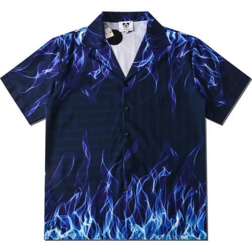 3D Blue Flame Print Short Sleeve Shirts Streetwear Hip Hop Harajuku Summer Hawaiian Beach Korean Floral Fashion Shirts Camisa
