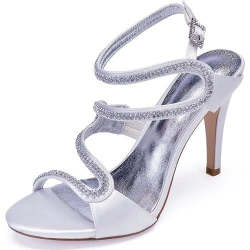 High Heels Crystals Wedding Sandals Open Toe Satin Ankle Buckle Strap Stiletto Heels Evening Party Dress Summer Shoe