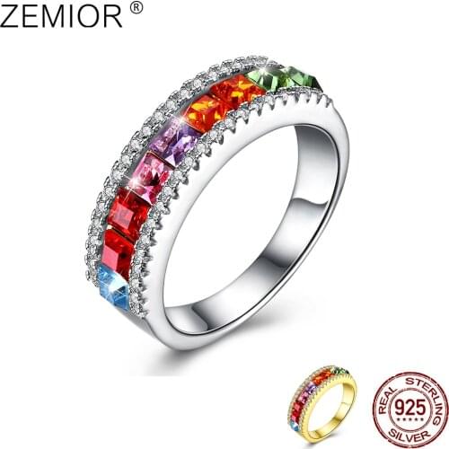 ZEMIOR Sterling Silver Ring 925 Jewelry Rainbow Color Austria Crystal Sparkle Rings For Women Luxury Pretty Thanksgiving Gift