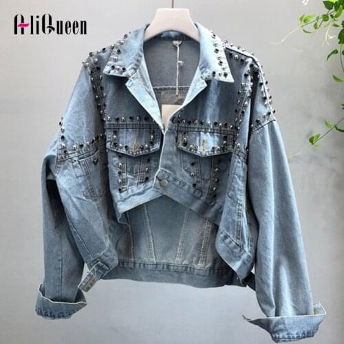 Autumn Streetwear Women Batwing Sleeve Rivet Short Denim Jacket Overcoat Irregular Jeans Jackets Coat Outerwear Chaquetas Mujer