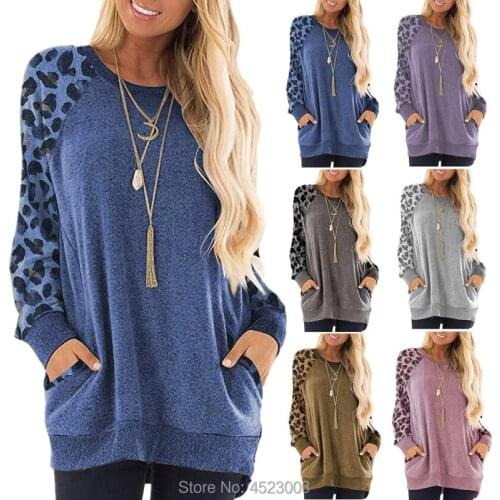 Women Autumn Winter Hoodies Sweatshirts O Neck Leopard Print Pullover Long Sleeve Pocket Loose Shirts Top