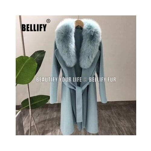 European and american Fashion Belted Women?s long real lamb cashmere coats with natural fur collar