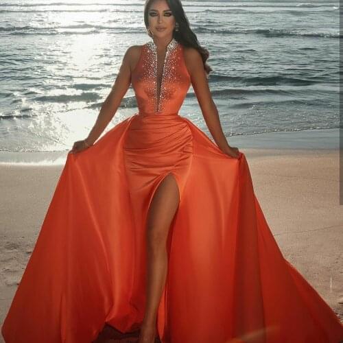 2021 Summer Orange Prom Dress with Detachable Train Sequins Crystal Beaded Evening Gowns Women Party Dress