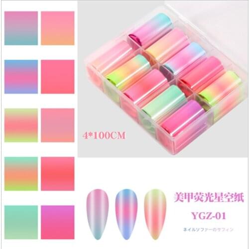 10roll Fluorescent Nail Art Transfer Stickers Summer Glitter Colorful Nail Art Decals DIY Nail Accesoires for Manicures 4*100cm