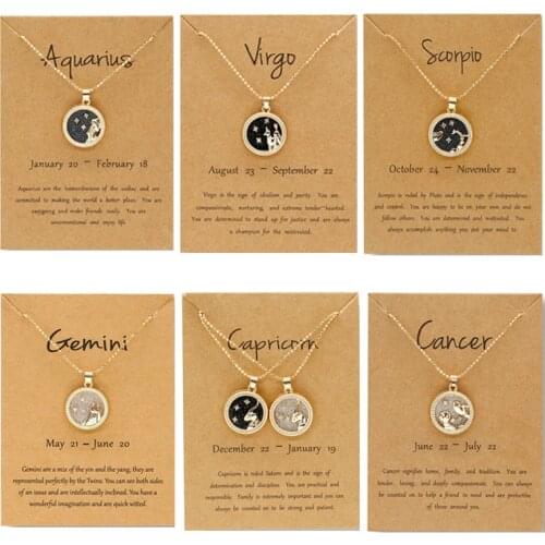 12 Constellation Pendant Necklace For Women Men Zodiac Sign Aquarius Leo Libra Aries Wish Card Fashion Jewelry Birthday Gifts