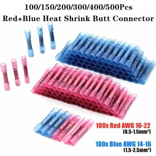 500/400/300/200/150/100X Red+Blue Waterproof Heat Shrink Butt Connectors Electrical Wire Splice Cable Crimp Terminals Connector