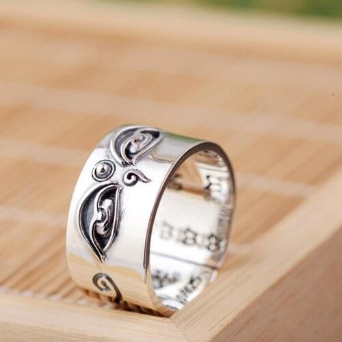 925 Sterling Silver Tibetan Buddhism Buddha Eyes Open Band Ring A3280