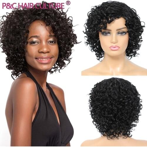 Short Afro Curly Wave Wig Synthetic Hair Curly Wigs With Bangs For Black Women African Glueless Machine Made High Quality Peruca