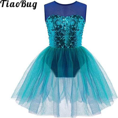 Ballet Tutu Leotard Dress Kids Ballerina Sequined Sleeveless Dresses Blue Fairy Tulle Gymnastic Lyrical Shiny Dance Costumes