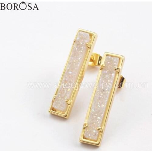 BOROSA Design 3 Pairs Elegant Rectangle Gold Plated Claw Natural Agates Titanium Rainbow Druzy Stud Earrings Jewelry for Women