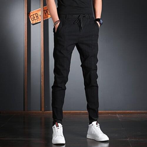 Summer Mens Black Casual Pants Fashion Pleated Striped Elastic Waist Drawstring Trousers