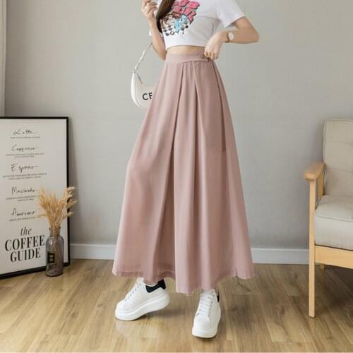 Women Pink Blue Wide-leg Pants 2021 Spring Summer Draped Loose Fashion Pant Female Chiffon Elastic High Waist Skirt Trousers Pop