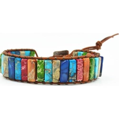 Chakra Handmade Colorful Natural Stone Tube Leather Wrap Strand Bracelet Jewelry Couples Bracelets Creative Gifts