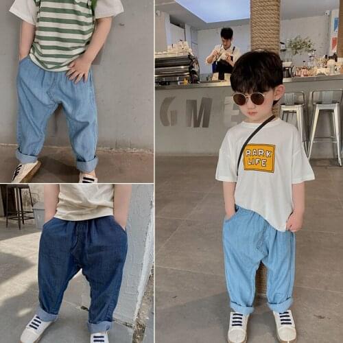 Childrens Jeans Pants 2021 New Summer Kids Casual Loose Soft Denim Pants for Boys Girls Baby Breathable Anti-mosquito Trousers