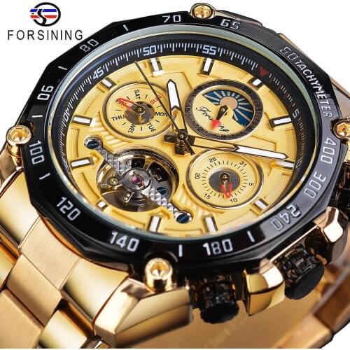 Forsining Tourbillon Men Mechanical Watch Golden Designer Automatic Moonphase Date Skeleton Steel Strap Race Sport Watches Clock