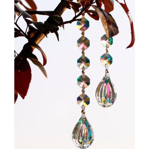 H&D 5PCS Hanging Crystal Lamp Prism Parts Pendant 38mm Loquat Shape with Octagon Bead 7-Inches Long