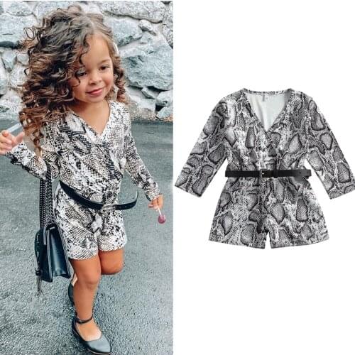 FOCUSNORM 1-6Y Fashion Infant Kids Girls Rompers Pants Snakeskin Print Long Sleeve V Neck Belt Jumpsuits