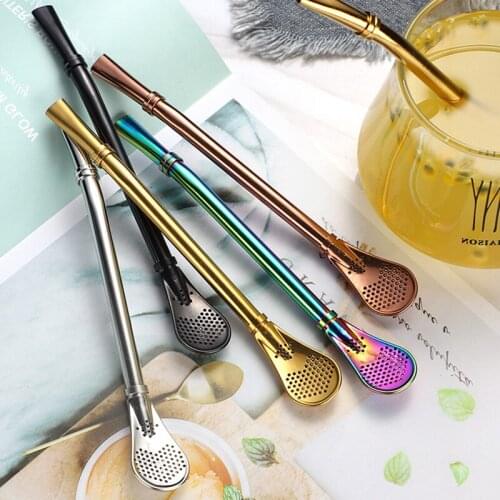 Colorful Stainless Steel Drinking Straw Spoon Fruit Tea Filter Straws Tableware Milk Stirring Spoon Tea Tools Bar Accessories