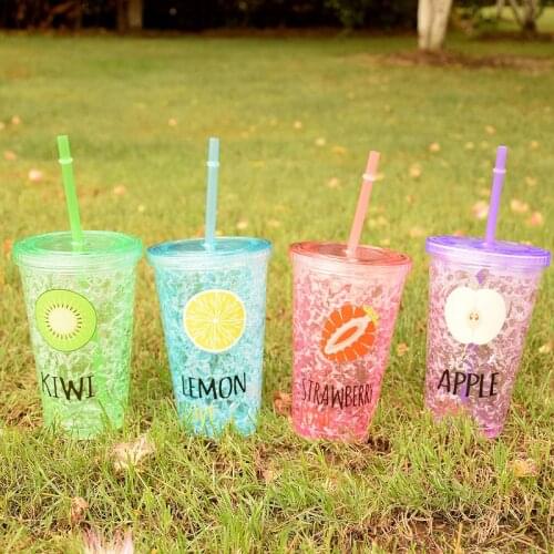 Summer Cold Cup Double-layer Plastic Ice Cup Straw Drink Cup Juice Cup Fruit Creative Cold Drink Cup Waterbottle with Straw