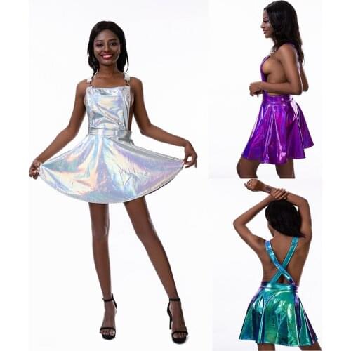 Fashion sexy Nightclub Thin strap dress holographic laser backless catwalk women clothing Outfit Party Mini Dress