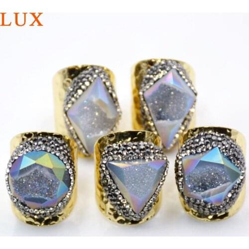Fashion Gold Bezel Natural Agates opal white Druzy Band Ring Natural Gem stone Ring pave rhinestone Handmade Geode Jewelry Ring