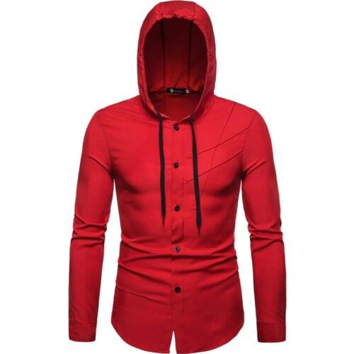2021 Mens hooded solid color personalized tailoring long-sleeved shirt shirts for men