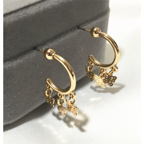 Lovely Girl Gold Color Plating Small Star Butterfly Charm Hanging Hoop Earrings For Women Girls Fashion Super Cute Delicate