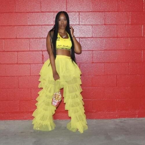 Pop Fashion Pants Tiered Tulle pantalones Fullness Casual Bright Yellow Long Pants Women Loose Layered Pants