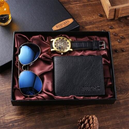 Casual Mens Hollow Watch 3pcs/set Boutique Gift Set Business Quartz-watch Wallet Sunglasses Set Gifts Box For Men Drop Shipping