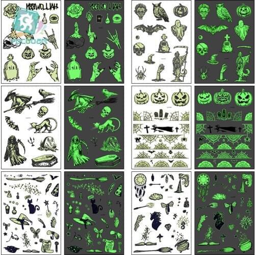Rocooart Halloween Luminous Temporary Tattoo Tombstone Fake Tattoo Witch Glowing in Dark Waterproof Tattoo Stickers Hallowmas