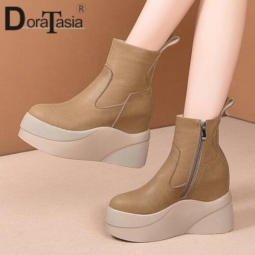 DORATASIA High Platform Female Genuine Leather Boots Autumn Boots Women Thick Sole Height Increasing High Heels Shoes Woman