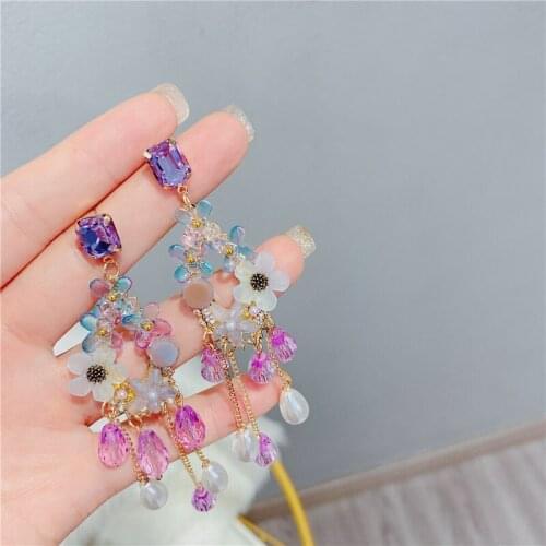 Korean Fashion Fabric Flower Drop Earring Crystal Rhinestone Pearl Tassel Long Earrings for Women Girls Trendy Jewelry