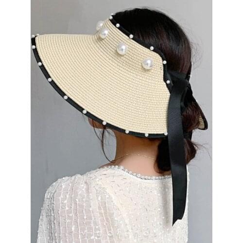 Foldable Empty Top Straw Hats For Women Summer white Imitation Pearl Beach Visor Caps UV Protction Adjustable Ribbon Sun Hat