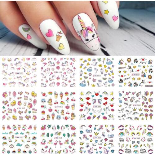 12 Designs Pink Unicorn Water Transfer Slider Rainbow Ice Cream Donut Cartoons Nail Stickers Polishing Nail Decaor NLBN1057-1068