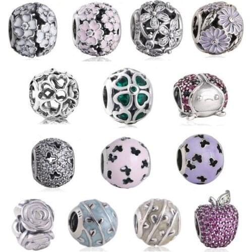 Spring collection fine jewelry flower charms 925 Sterling Silver jewelry Lavender Enamel charm For Women Fit beads Bracelets DIY