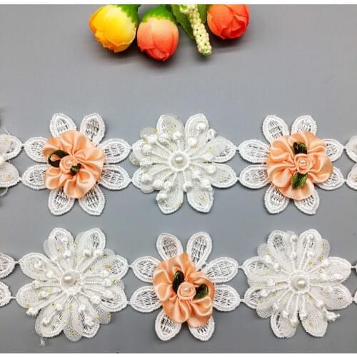 20X Vintage Pearl Beaded Flowers Lace Trim Ribbon Applique Patches Handmad DIY Wedding Dress Embroidered Sewing Supplies Craft