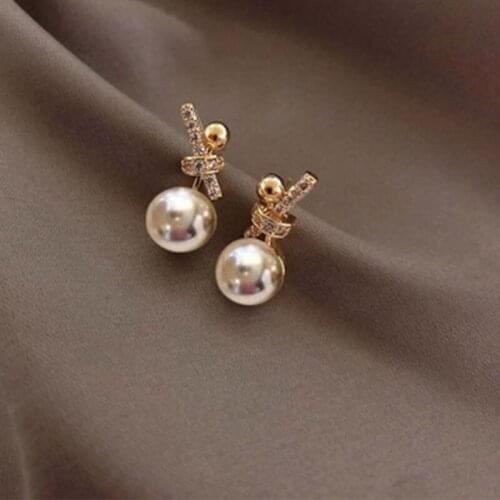 S925 Silver Needle Ladies Bow Small Pearl Earrings Fashion Temperament Small Diamond Earrings Jewelry Female