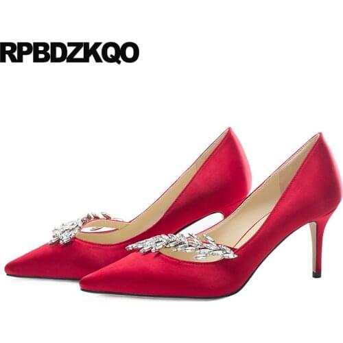 Crystal Red Prom Shoes Size 4 34 Rhinestone 3 Inch Pointed Toe Women Stiletto Diamond Silk Satin High Heels Scarpin Party Pumps