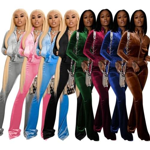 Adogirl Velvet Two Piece Sets Women Solid Zipper Long Sleeve Top And Flare Pants Fashion Matching Outfit Autumn Winter Tracksuit