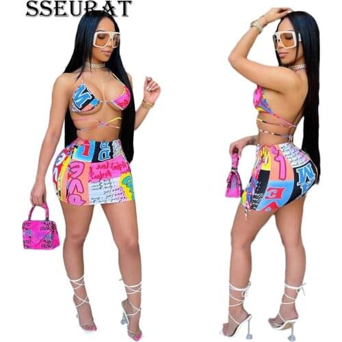 SSEYRAT Bikinis Set Women Print Halter Bandage Bra Mid Waist Sheath Elastic Mini Skirts Matching Sets Sexy Beachwear Swimsuits