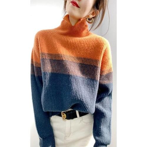 Sueters De Mujer 2021 New Rainbow Stripe Temperament Half High Neck Knitted Sweater Womens Pullover Versatile Loose Top