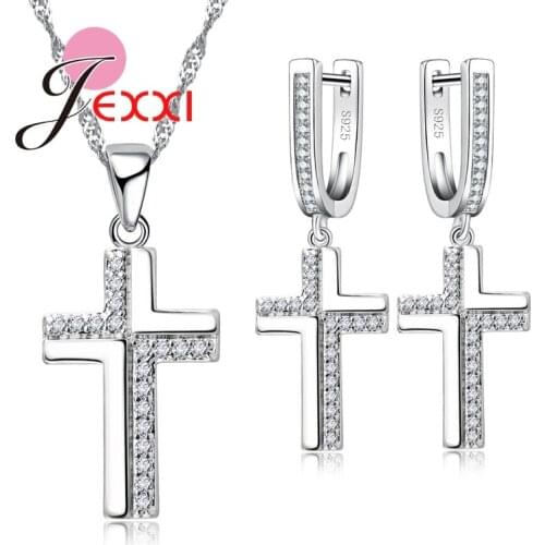 Religious Blessings Woman 925 Stamp Silver Jewelry Sets Half Rhinestone Inlay Fashion Cross Pendant Necklace + Earrings