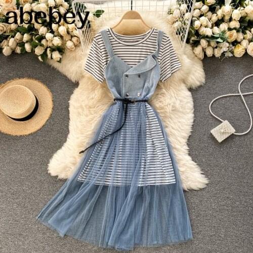 Women denim dress patchwork mesh short sleeve A line dresses summer Bohemian Beach Midi Dress