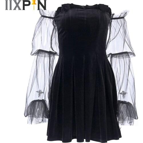 Women Gothic Style Dress Black Dresses for Girls Fashion Sundress Sexy Off Shoulder See Through Mesh Sleeve Pleated Mini Dress
