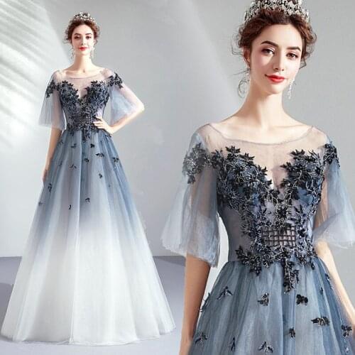 Gradient Blue Beading Formal Dresses Woman Party Night Sexy Tulle O Neck Black Flower Appliques Embroidery Robe De Soriee