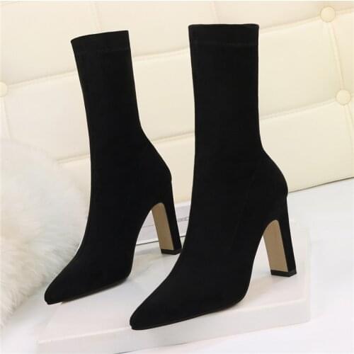2020 Winter New Comfortable Women Sock Boots Square High Heels Suede Ankle Boots Fashion Pointed Toe Fall Stretch Shoes Big Size