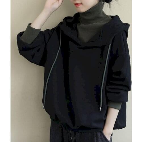 2021 Velvet Padded Women Hoodies Autumn Winter New Korean Style High Collar Long Sleeve Fake Two-piece Casual Jacket Top Gothic
