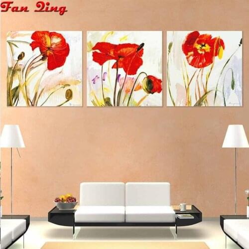 Triptych diamond painting Abstract red Flowers mosaic diamond set full square/round diamond embroidery living room decor